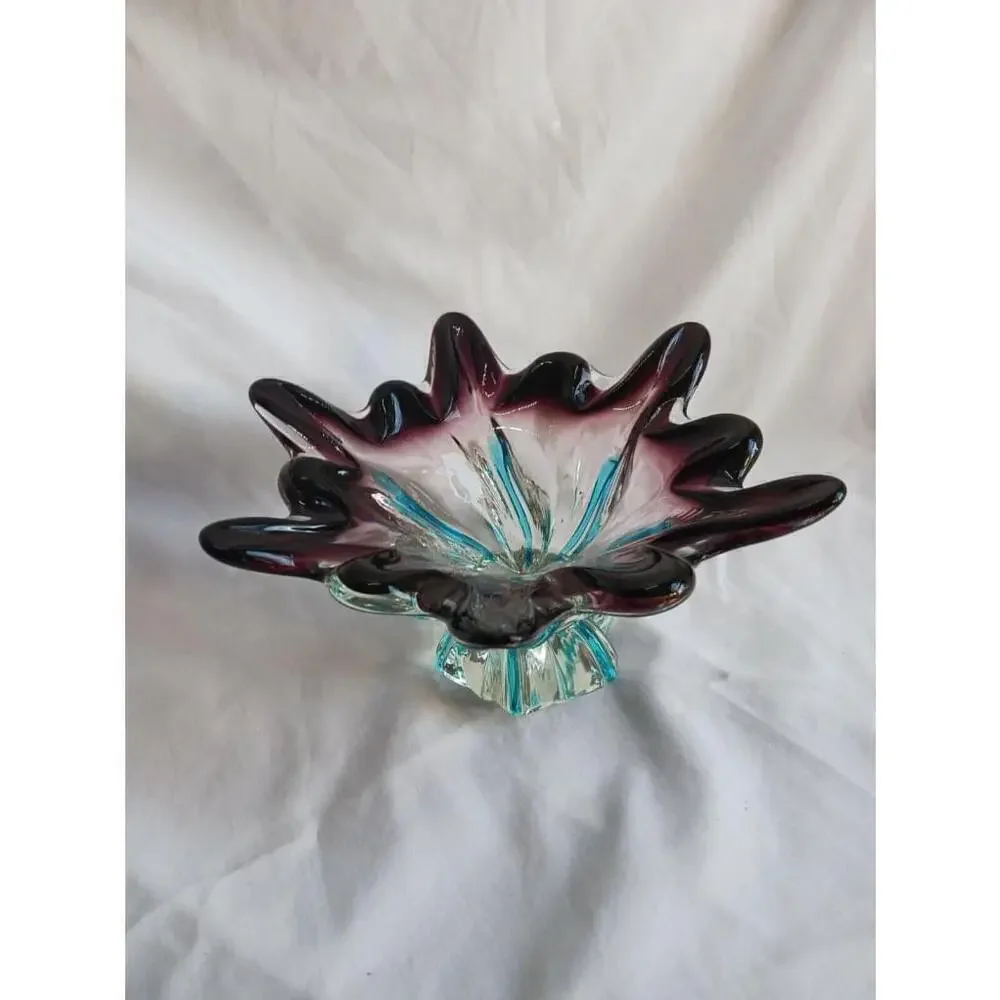 Murano Style Art Glass Footed Bowl Amethyst Turquoise